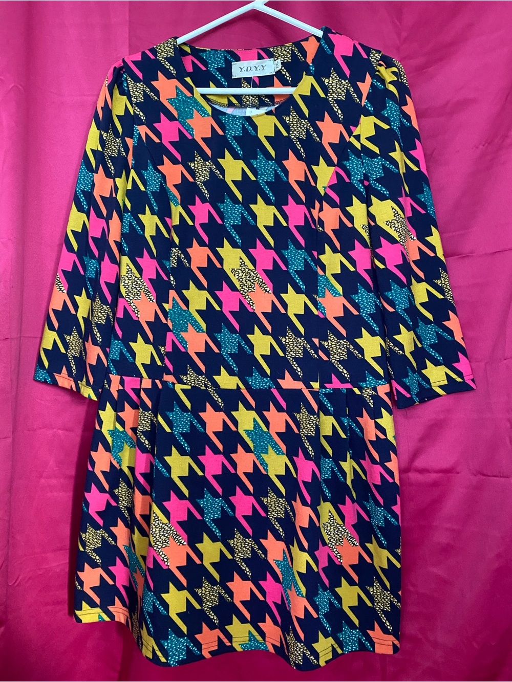 Navy Houndstooth Print Multicolor Women's Dress